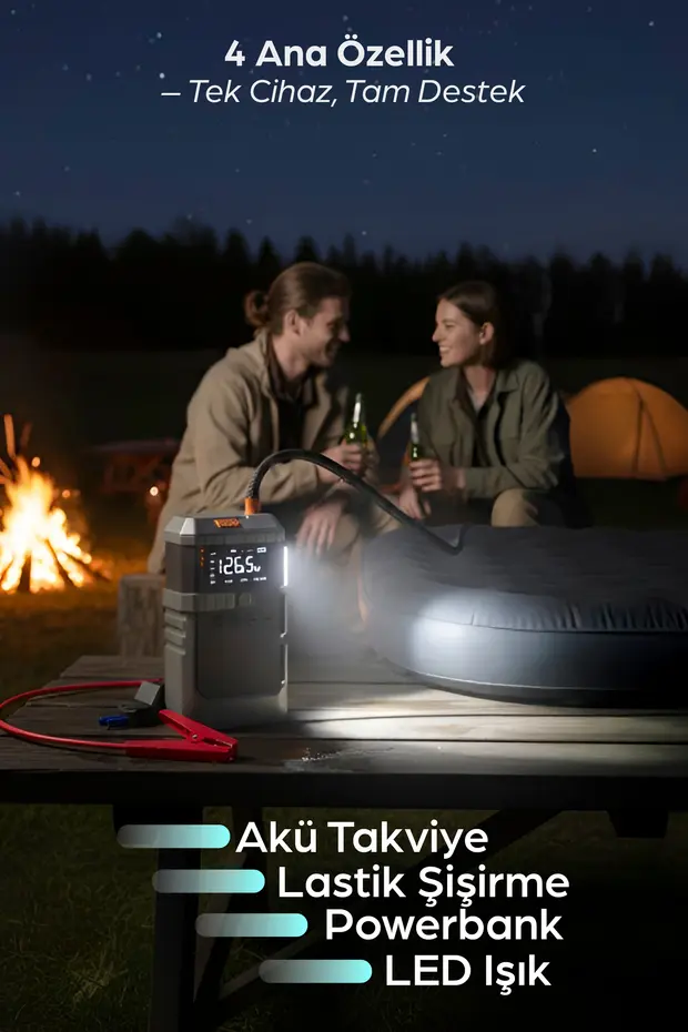 4-in-1 Şarjlı Akü Takviye Cihazı Uyumlu – 12000 mAh , 1200A , Lastik Pompası, Powerbank , LED Işık